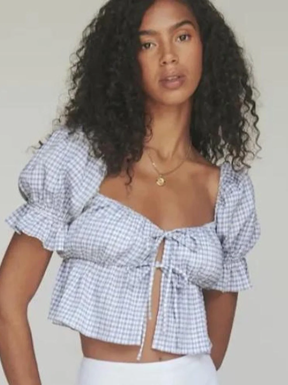 Reformation Lena Gingham Tie Front Puff Sleeve Top in Blue/White - 4